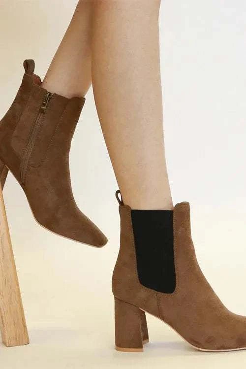 Faux suede block heel Chelsea boots with elastic side panel in brown.