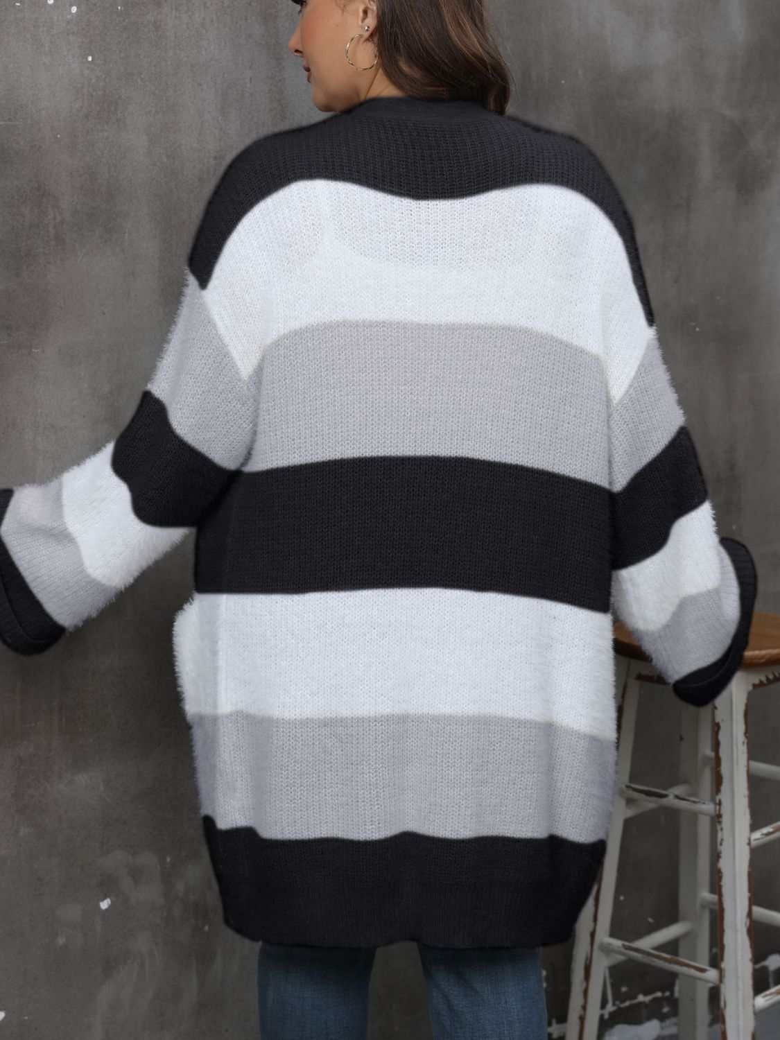 Plus size open front long sleeve cardigan with black and white stripes, moderate stretch.