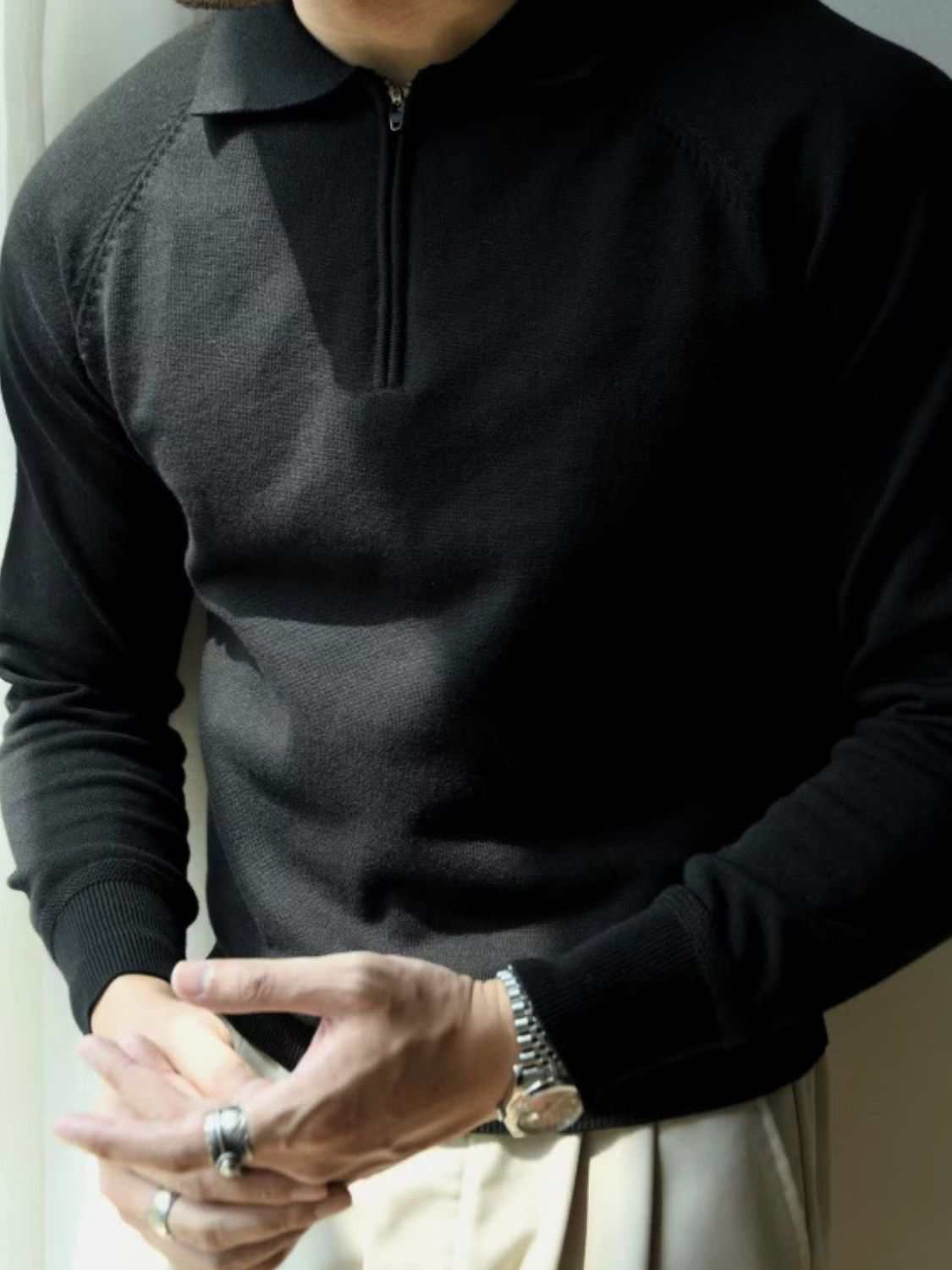 Men's plus size quarter zip raglan sleeve polo shirt in black.