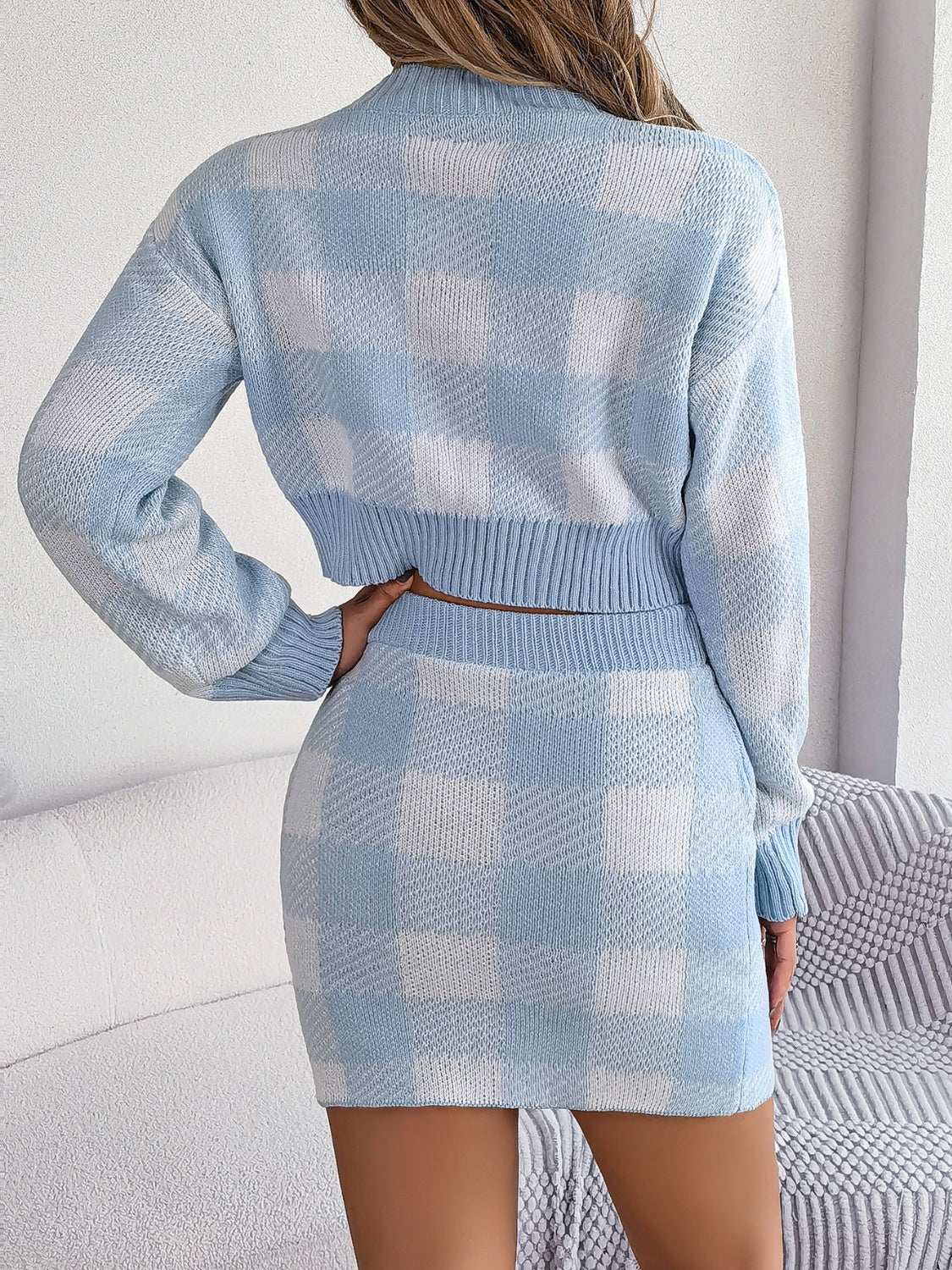 Plaid Round Neck Top and Skirt Sweater Set Light Blue