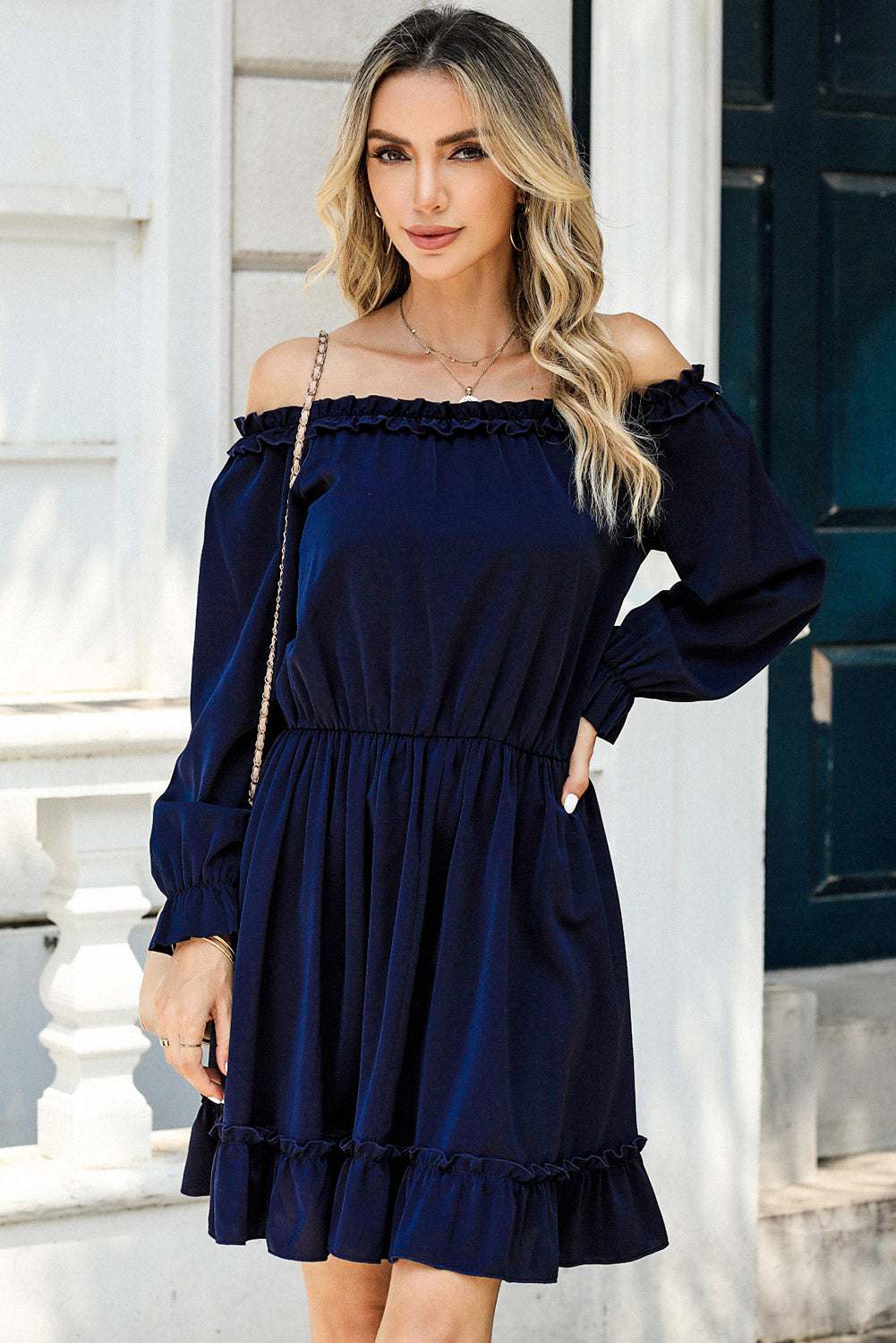 Frill off-shoulder flounce sleeve dress in navy blue, featuring basic style and opaque fabric.