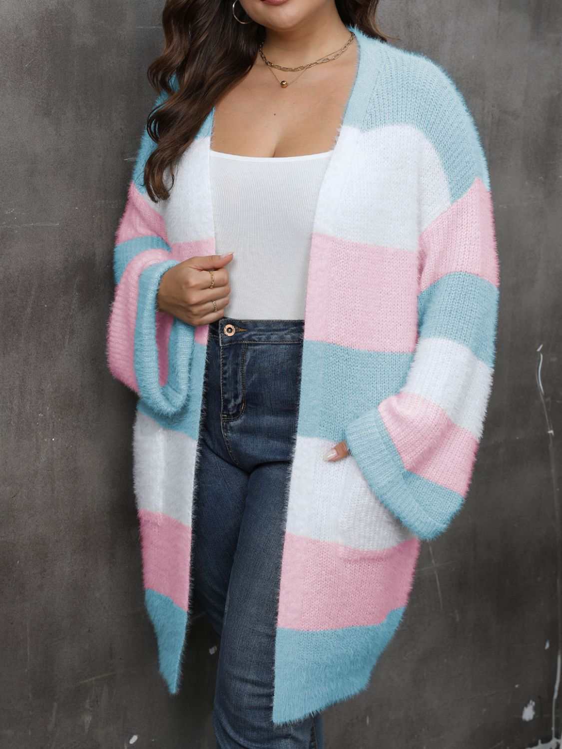 Plus size open front long sleeve cardigan in pastel stripes.