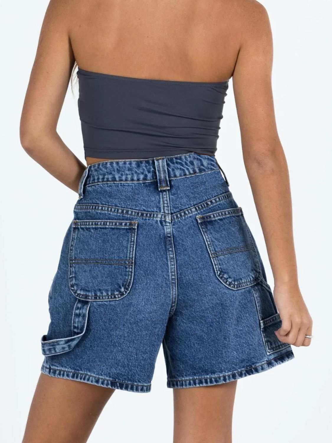 Washed high rise denim shorts with pockets, no stretch, and comfortable fit.