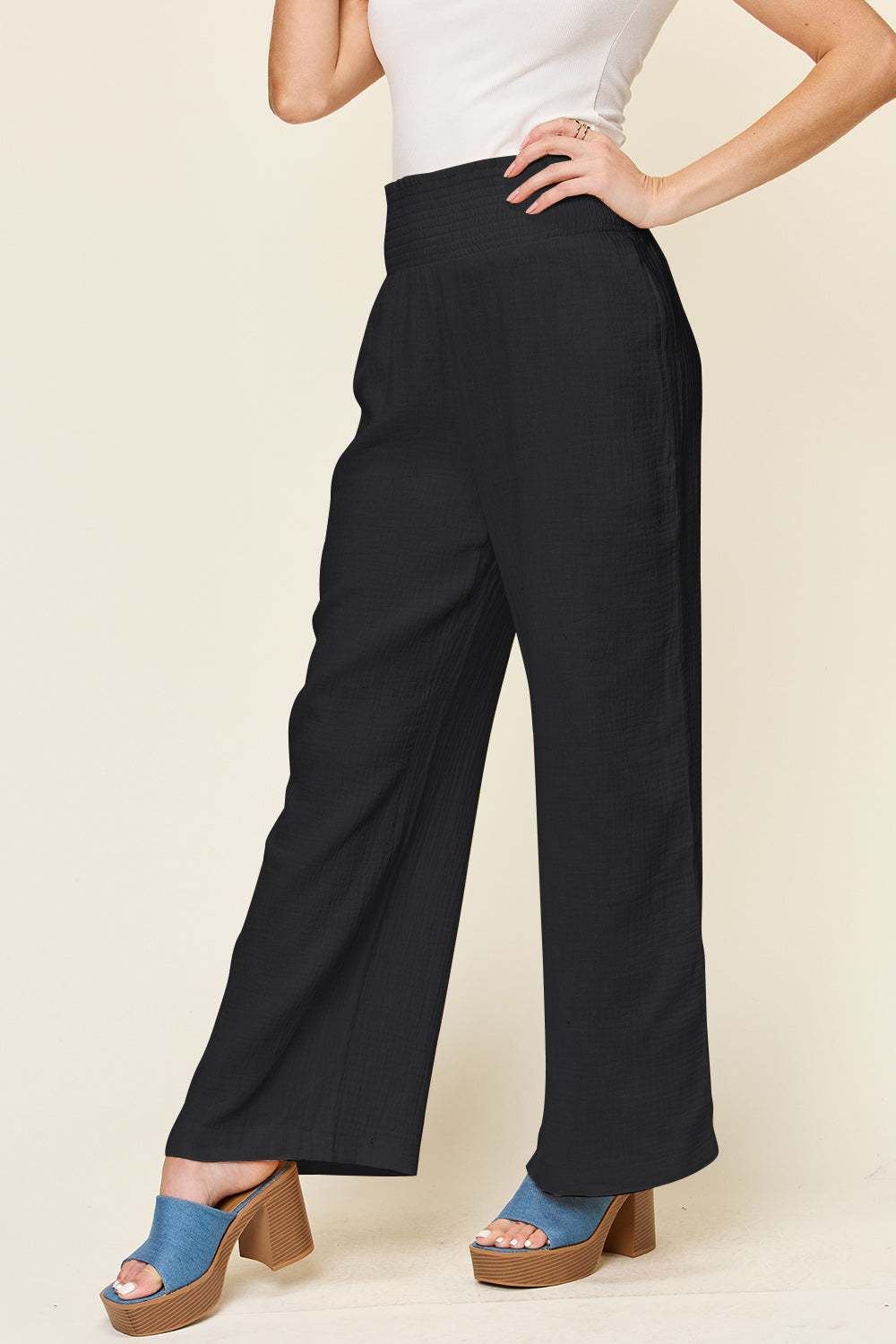 Double Take full size black wide leg pants with smocked waist.