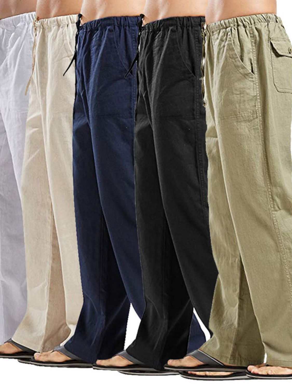 Men's full-size drawstring straight-leg pants in various colors.