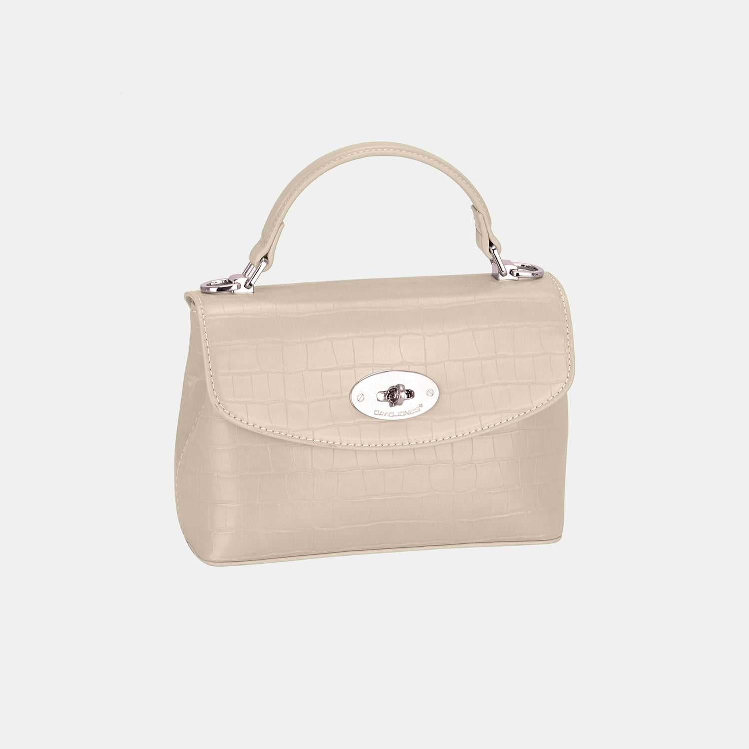 David Jones Texture PU Leather Handbag in cream, small size, sleek design.
