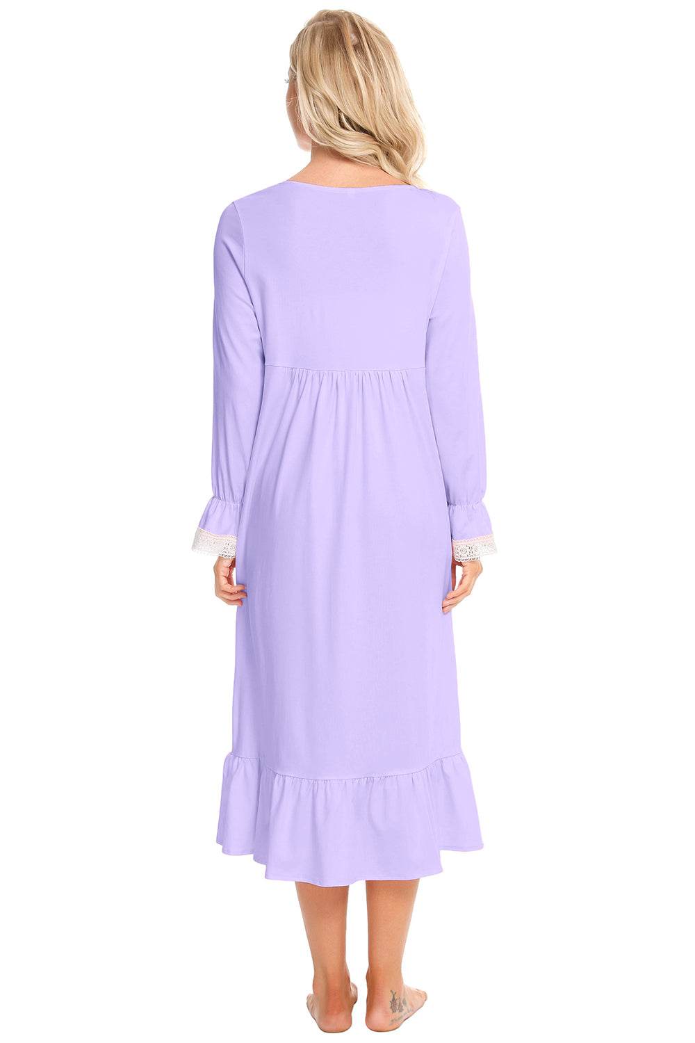 Lavender night dress with lace detail and flounce sleeves, square neck.