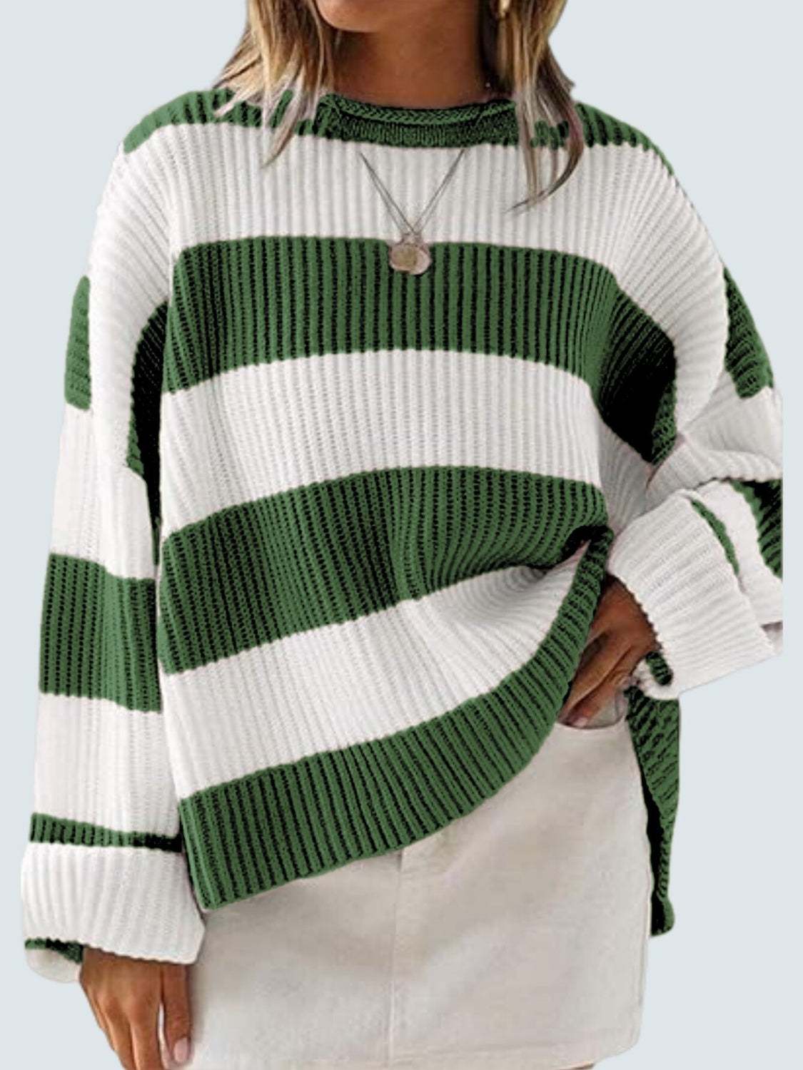 Round neck long sleeve sweater with green and white stripes, slightly stretchy polyester material.