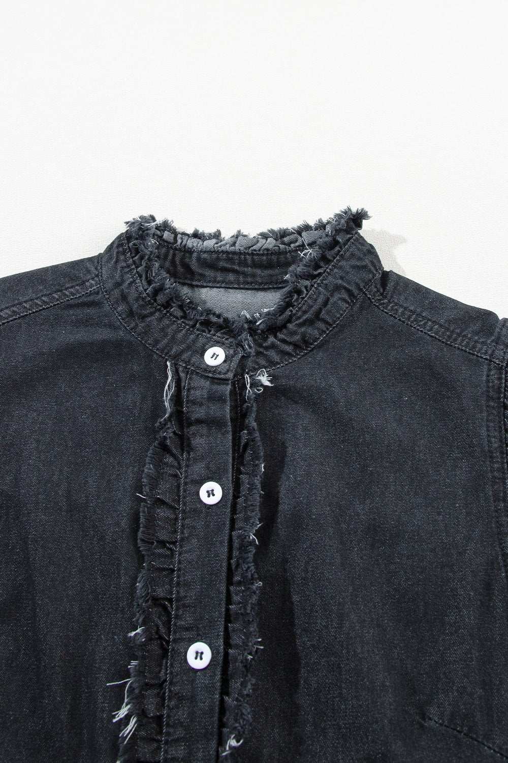 Button Down Raw Hem Ruffled Denim Shirt in black with buttoned front and frayed edges.