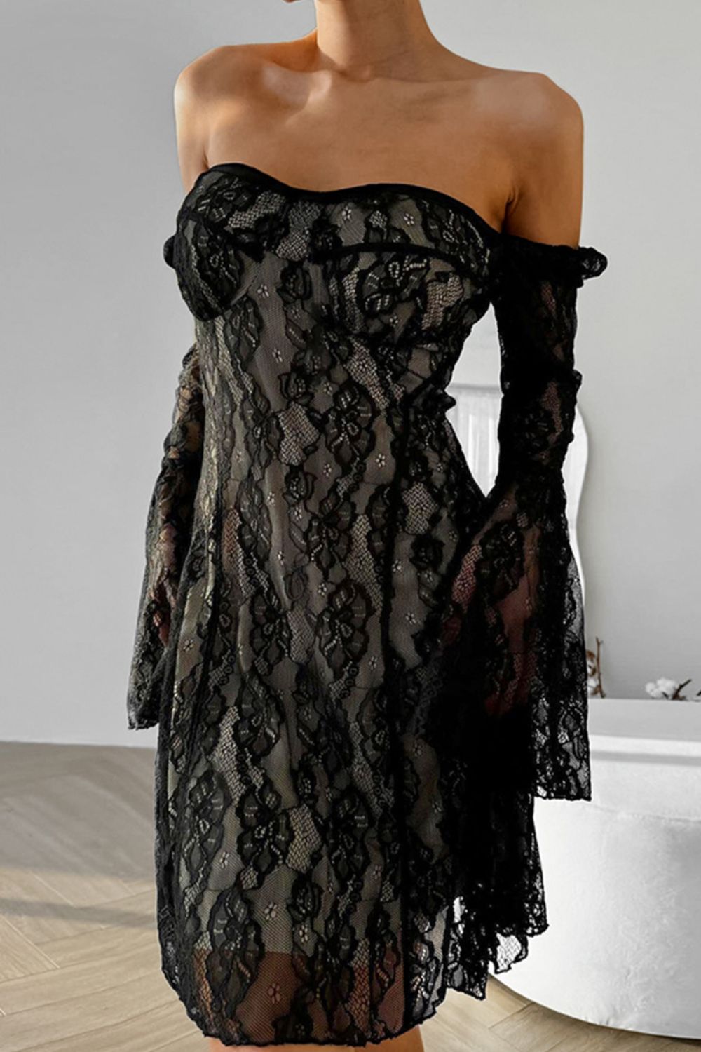 Lace Sweetheart Neck Flare Sleeve Mini Dress - Securing Secrets Boutique LLC