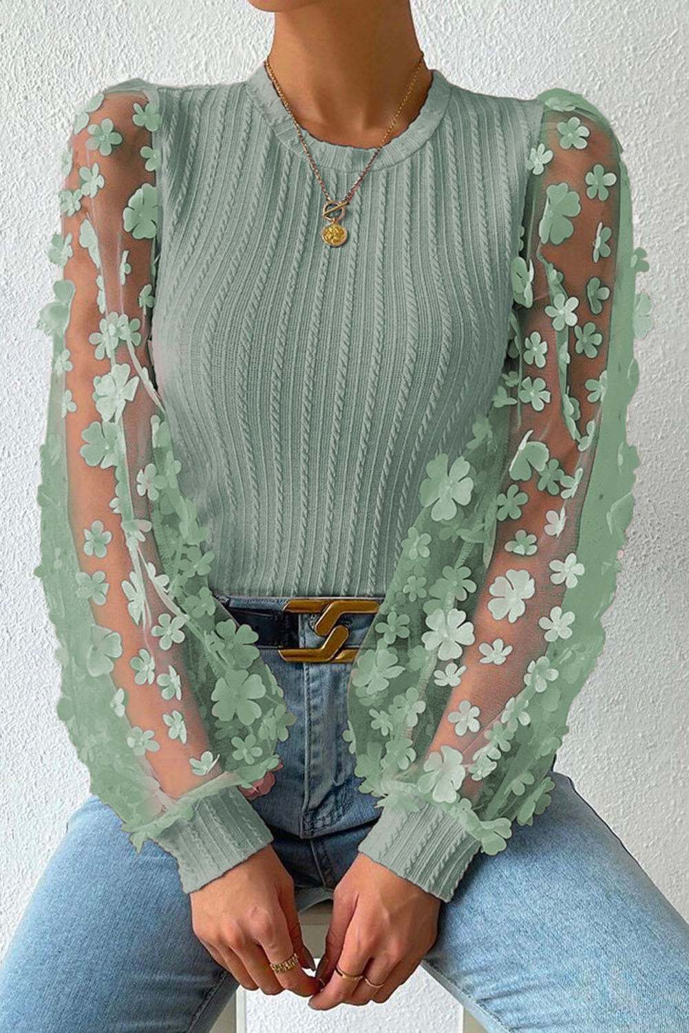 Textured Applique Long Sleeve Blouse with Floral Sheer Sleeves