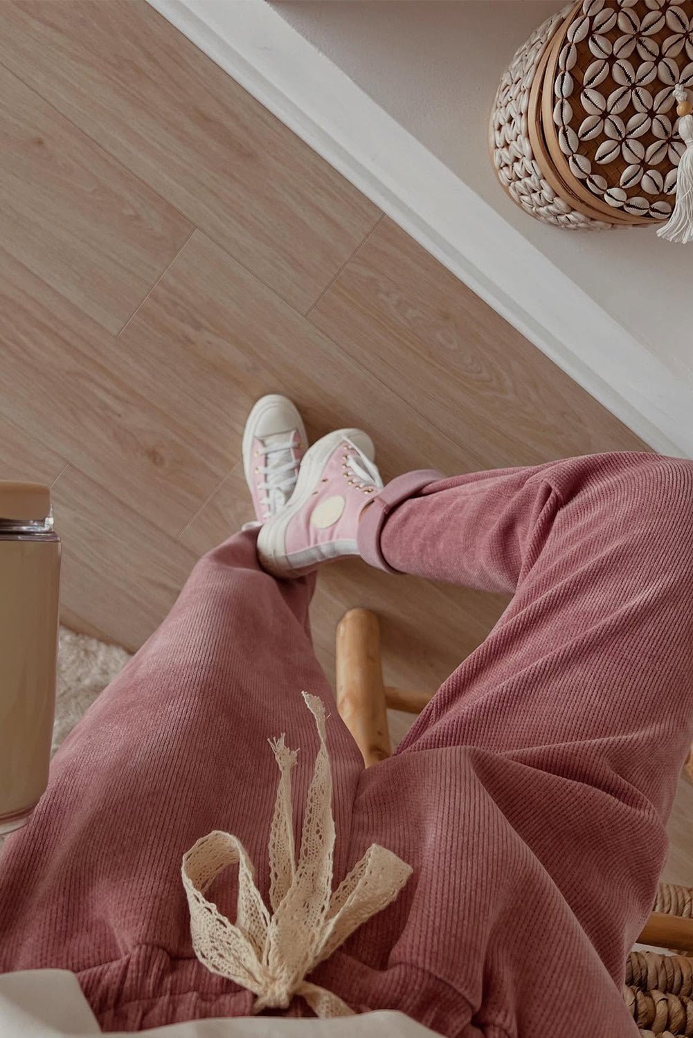 Jet Stream Lace Drawstring Pullover Hoodie and High Waist Pants Corduroy Suit