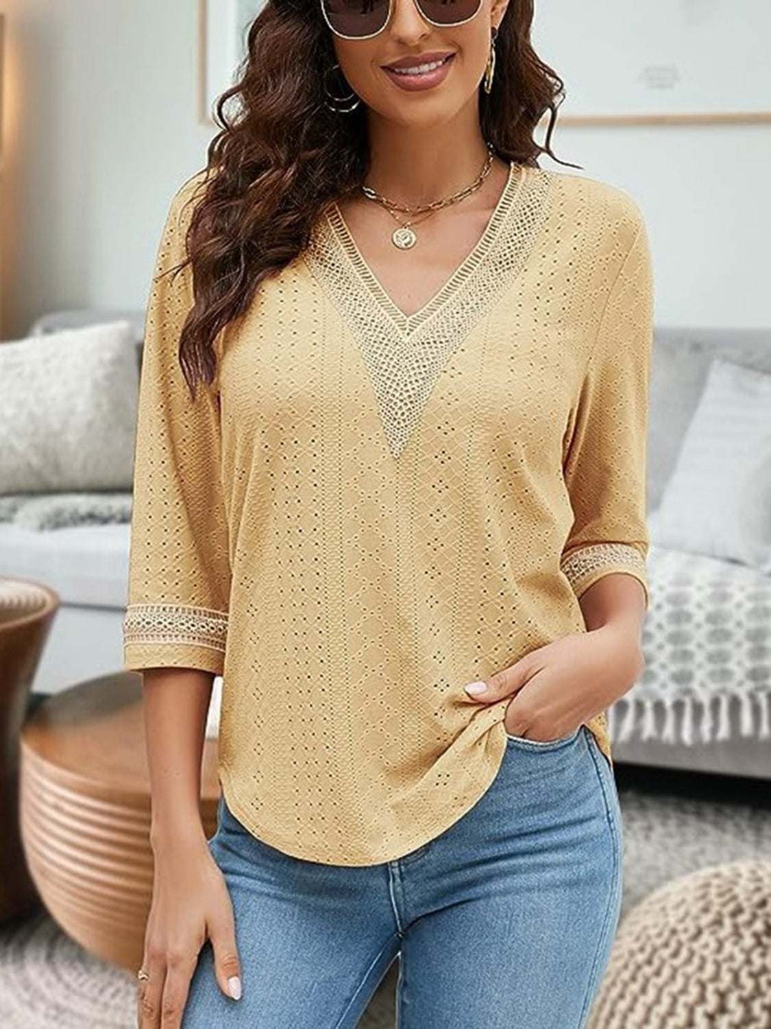 V-Neck Eyelet Blouse in yellow, casual style, worn by model indoors.