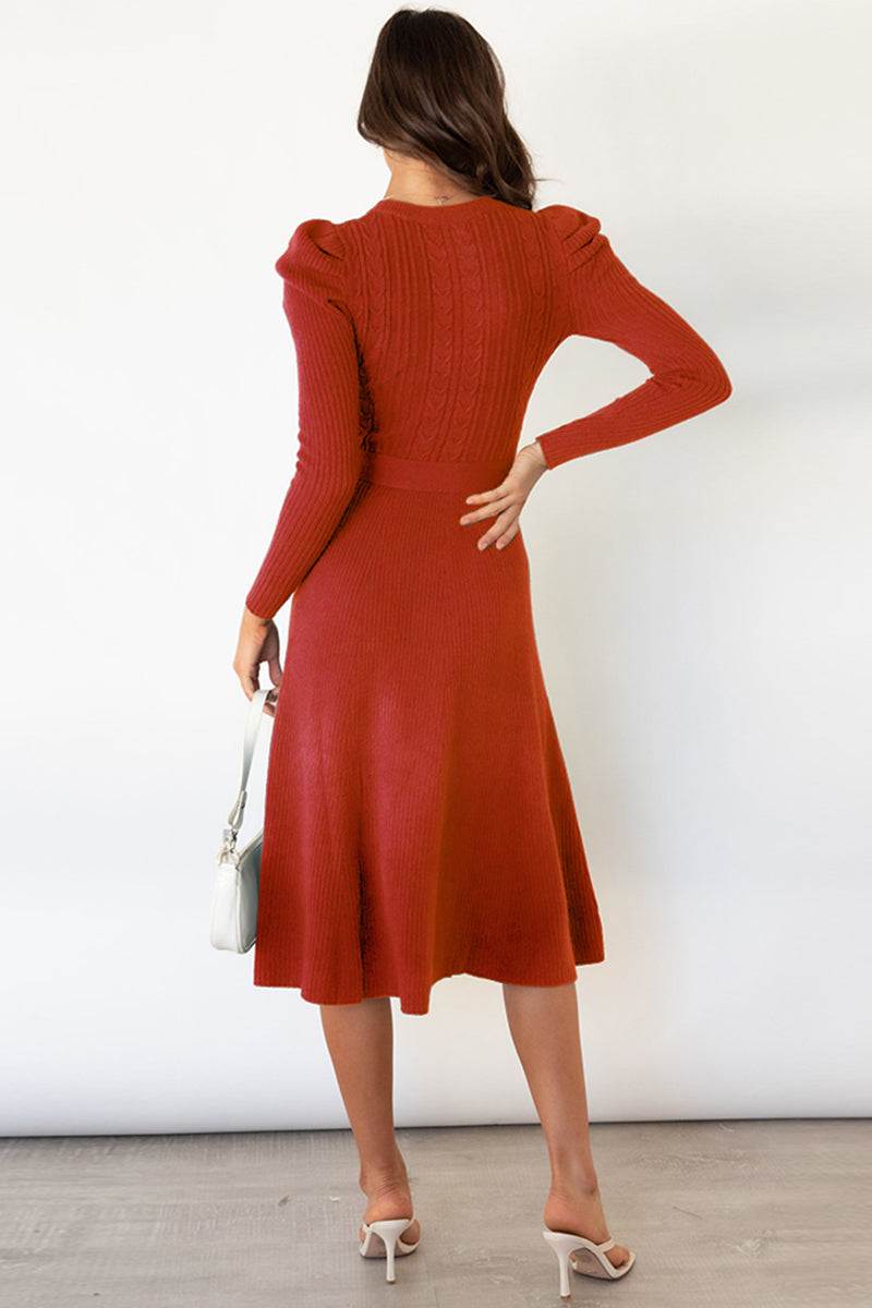 Round neck long sleeve tie waist sweater dress in red, back view.