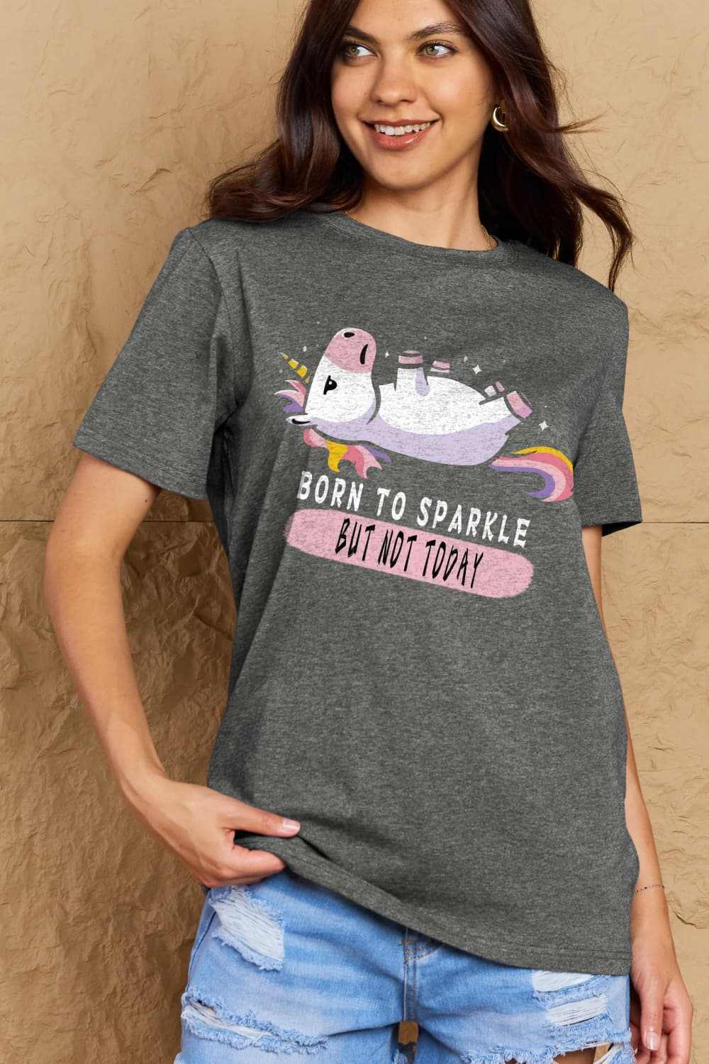 Casual graphic cotton tee with "BORN TO SPARKLE BUT NOT TODAY" print, round neck, short sleeves.