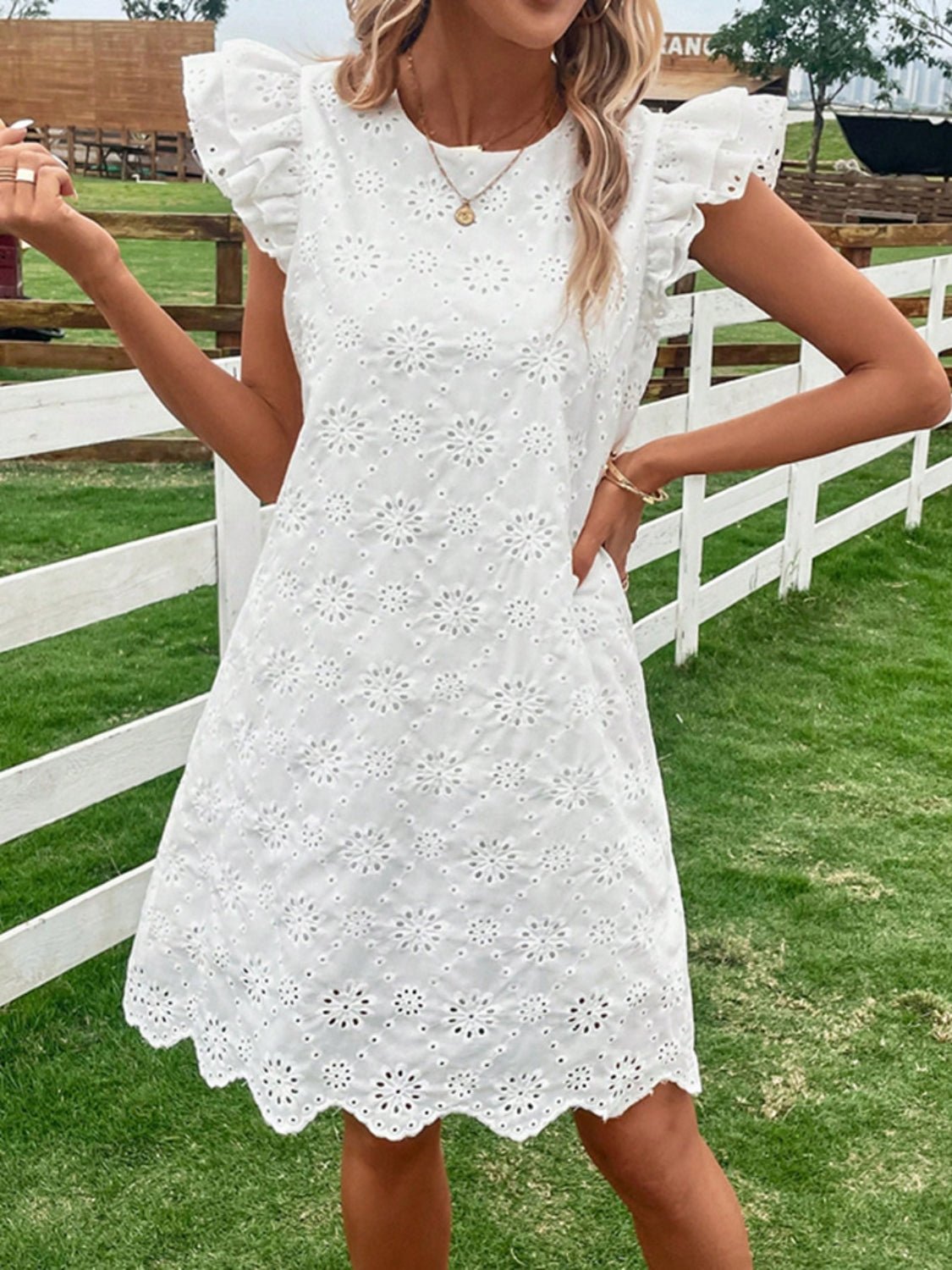 Eyelet Round Neck Ruffled Cap Sleeve Dress - Securing Secrets Boutique LLC
