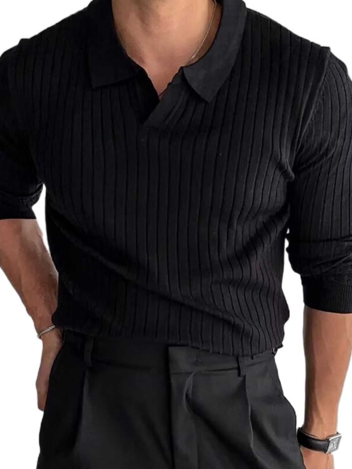 Men's plus size black long sleeve polo with collared neck and ribbed texture.