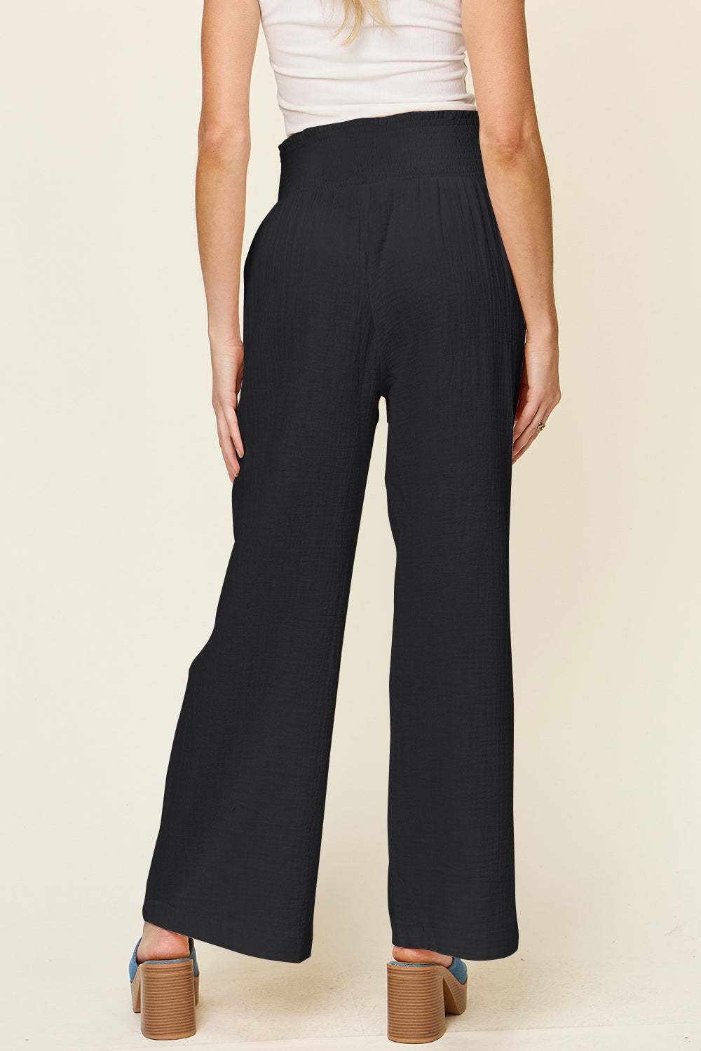 Double Take full-size black smocked waist wide leg cotton pants.