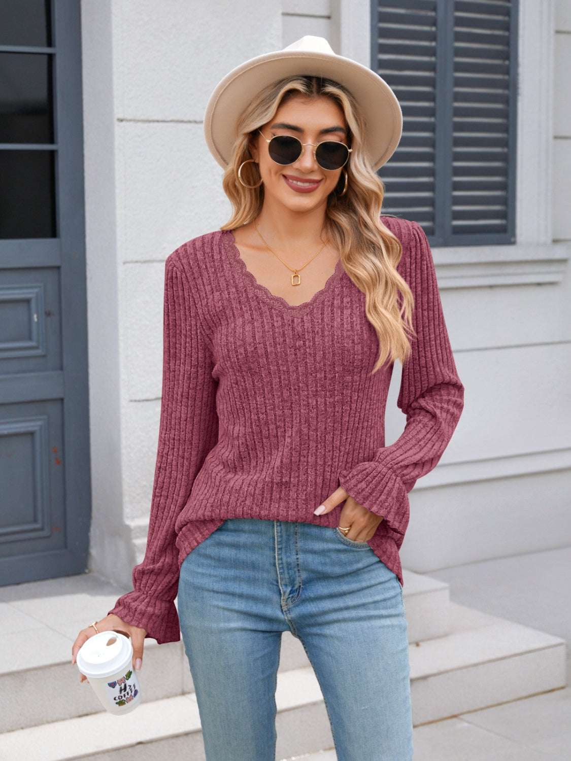 Lace detail V-neck long sleeve t-shirt in burgundy with ruffled sleeves.