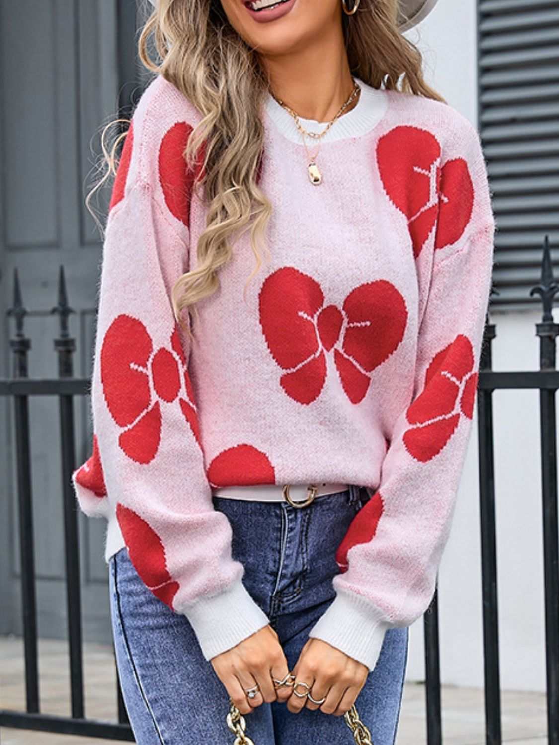 Angel Wings Bow Round Neck Dropped Shoulder Sweater with red bow design, moderate stretch, casual style.