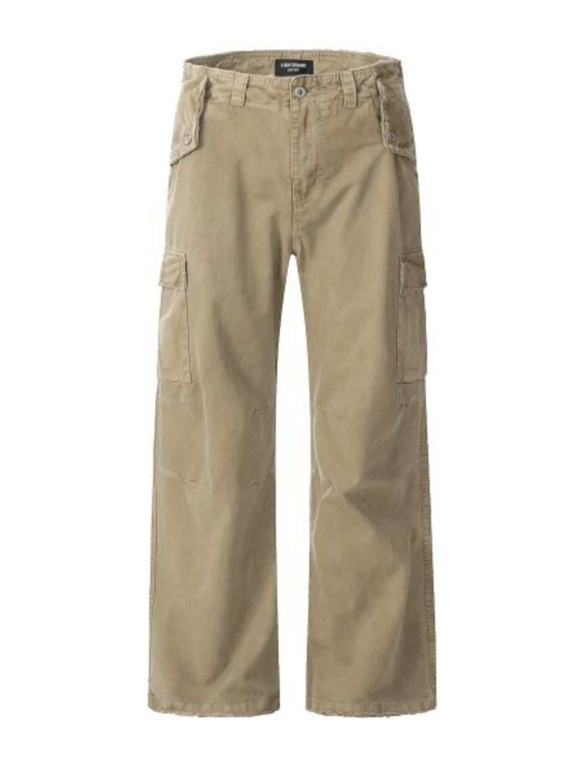 Men's straight leg cargo pants in khaki with basic style and multiple pockets.