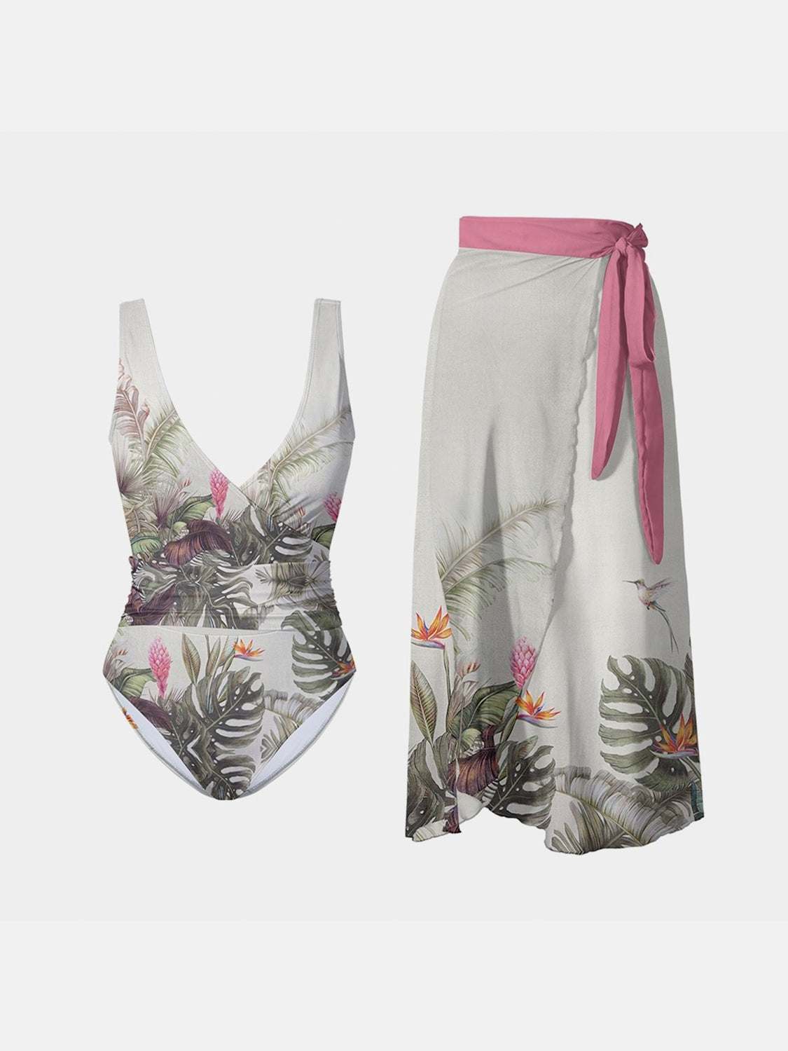 FAM-FAM printed surplice wide strap two-piece swimwear set with tropical leaf design and matching floral wrap skirt with pink tie waistband
