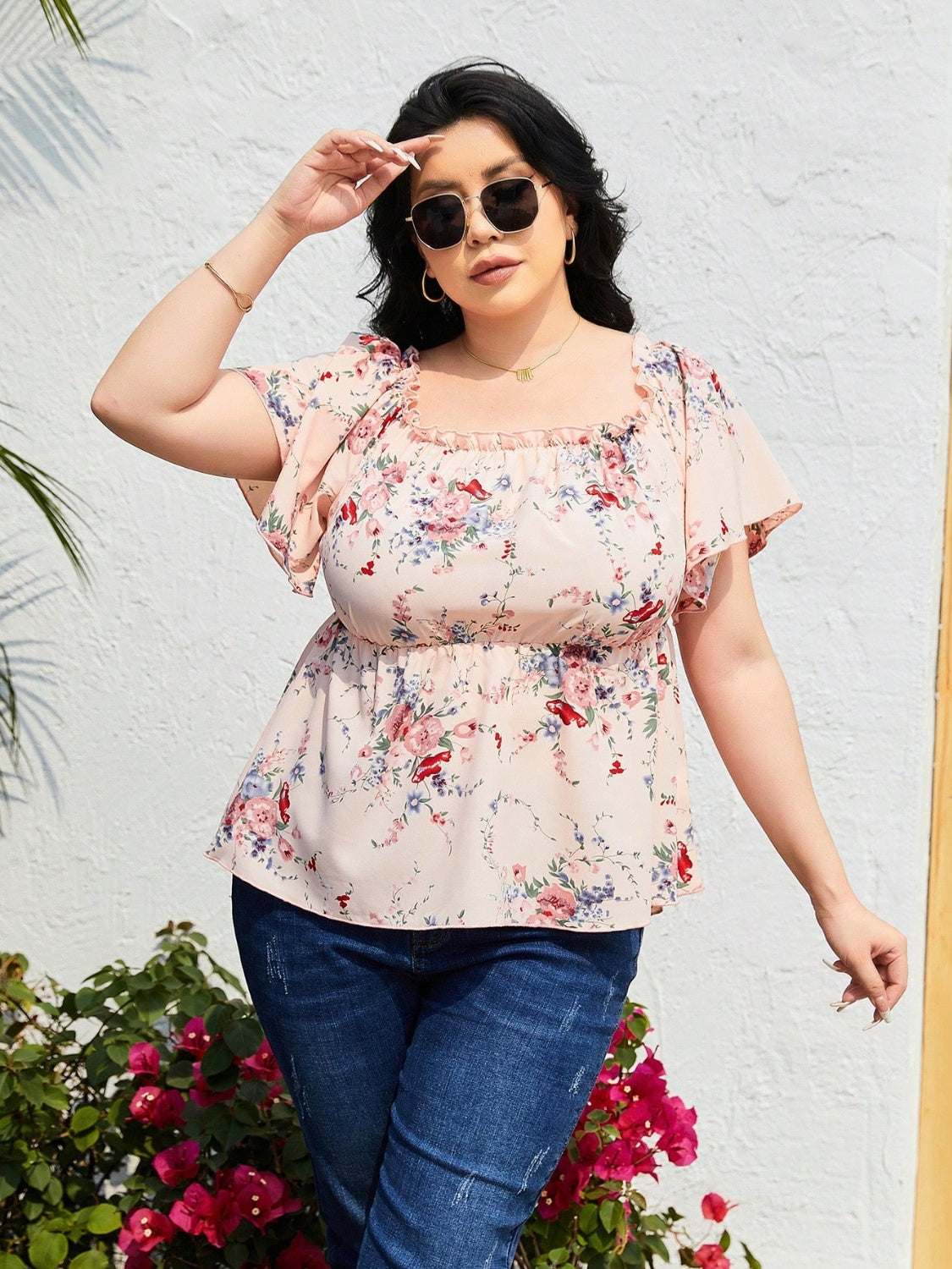 Plus size frill printed flutter sleeve blouse, floral design.