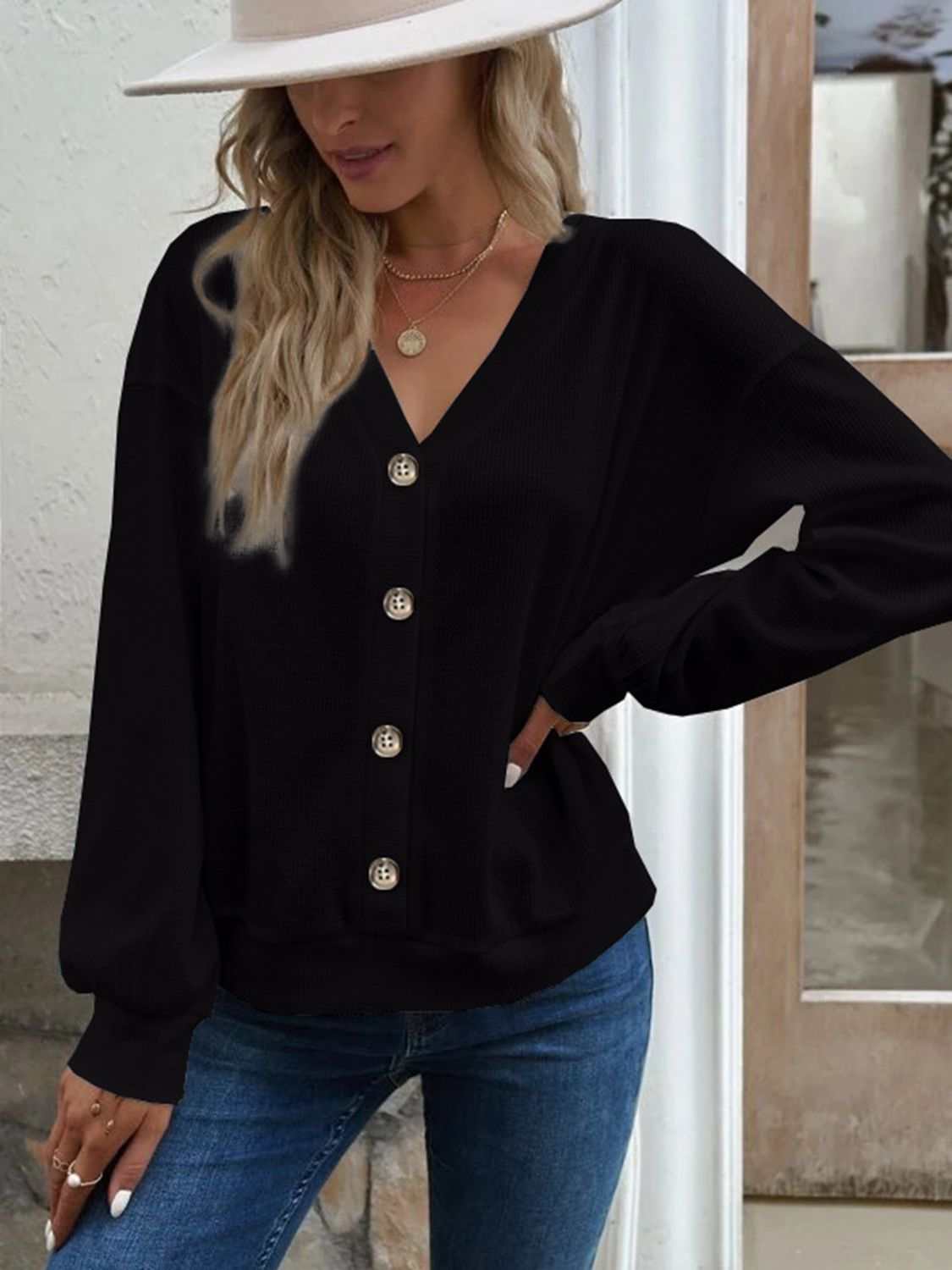 V-Neck Dropped Shoulder Blouse, solid black, waffle-knit, long sleeves.