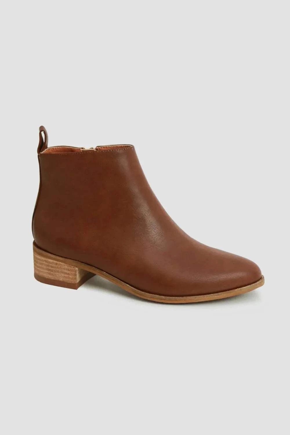 PU Leather Block Heel Boots in brown with low heel design.