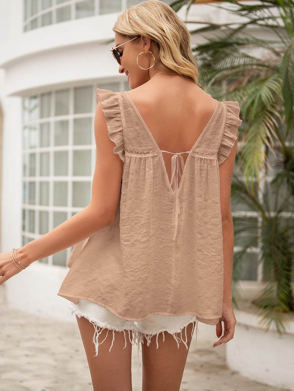 Casual Ivy Lane Tie Back V-Neck Ruffled Blouse with cap sleeves in solid color.