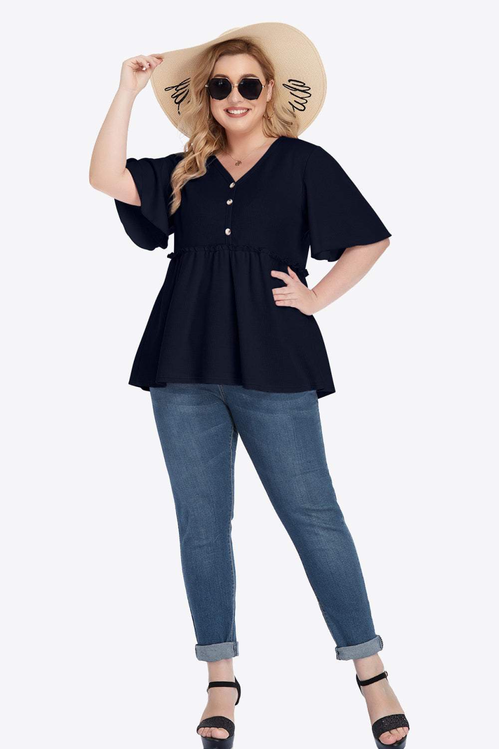 Plus size buttoned V-neck frill trim babydoll blouse with half sleeves.