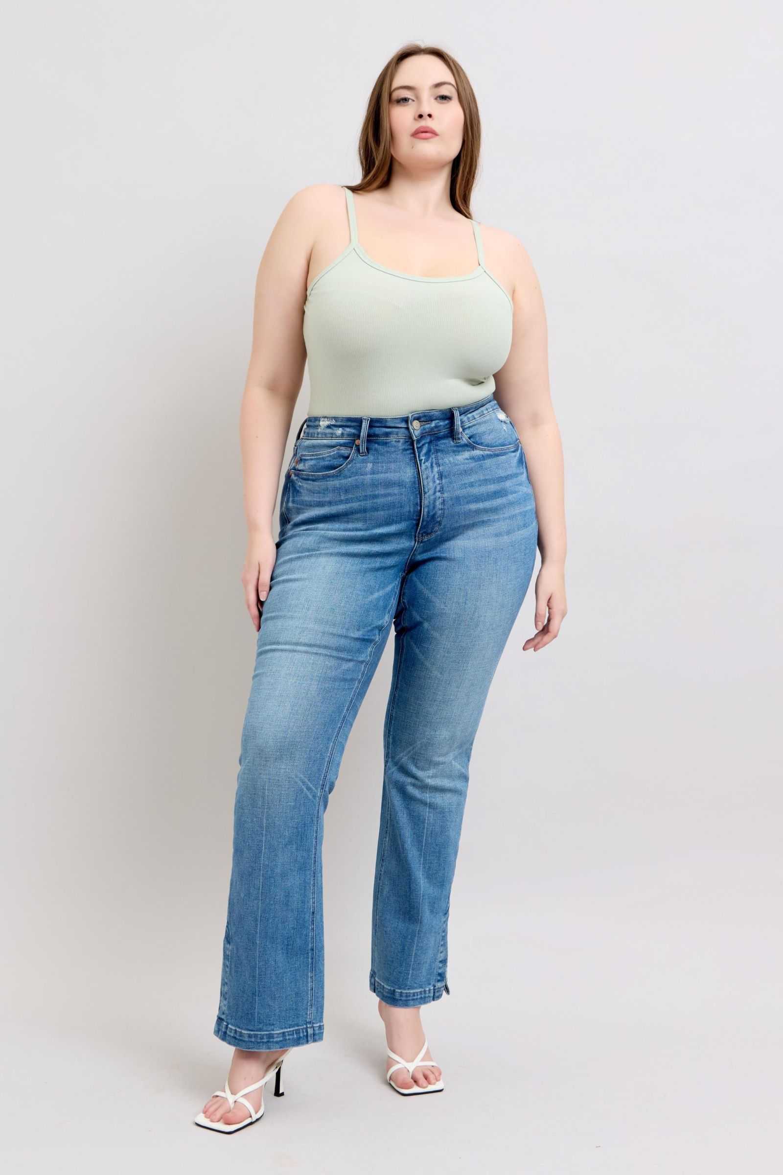 Judy Blue HW Tummy Control Vintage Wash Slim Bootcut Jeans with Side Slit.