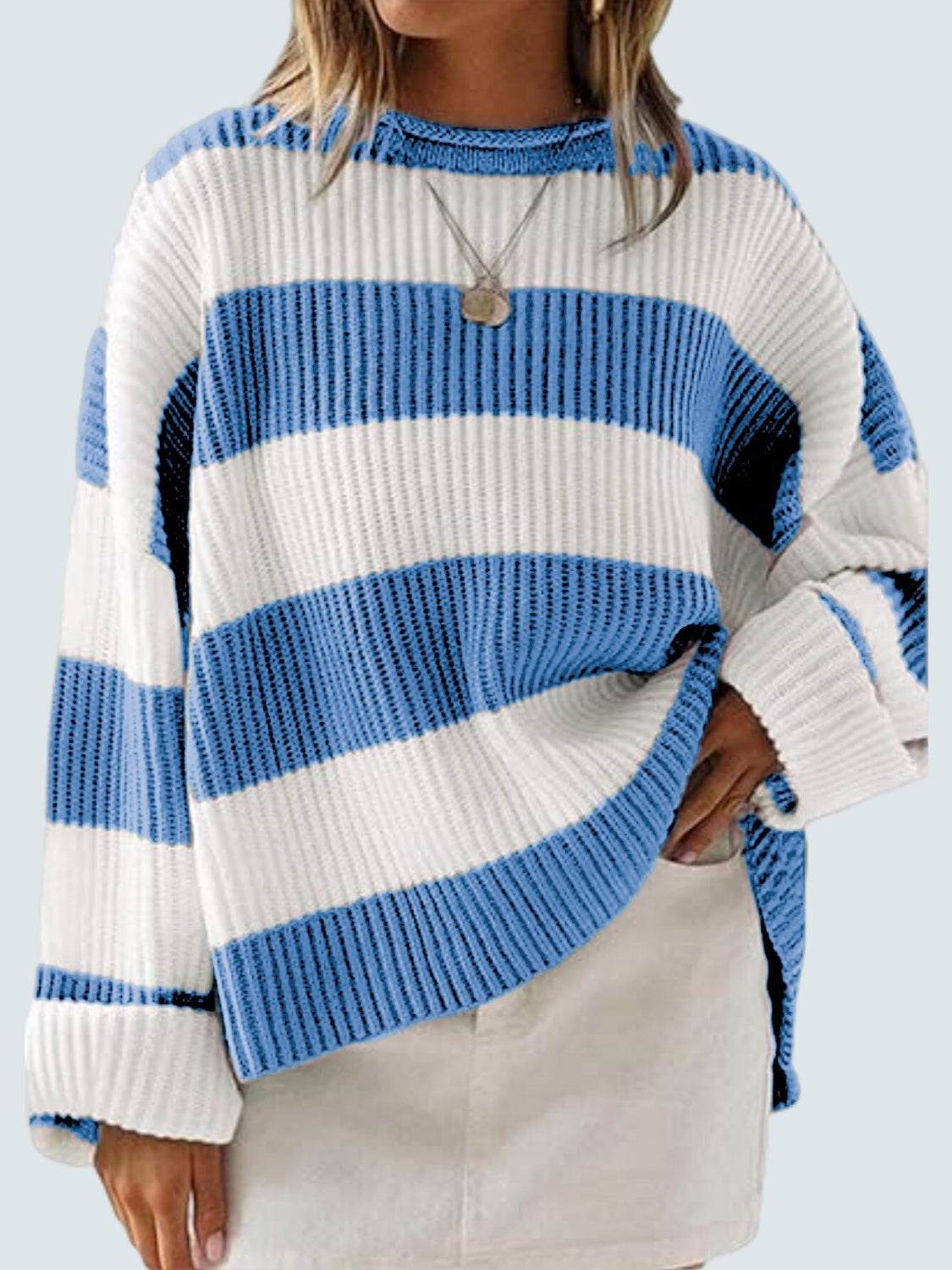 Round neck long sleeve sweater with blue and white stripes, slightly stretchy polyester material.