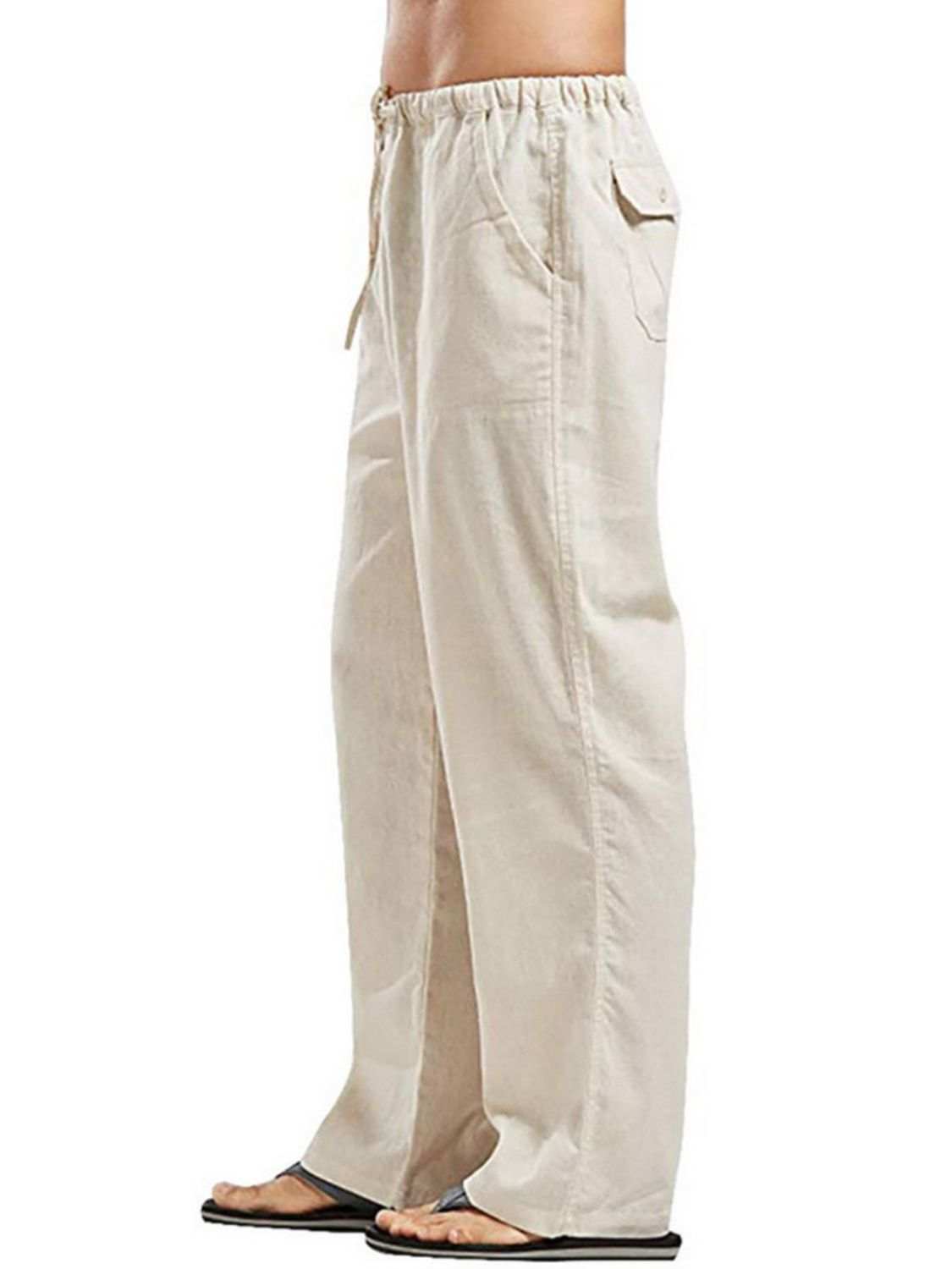Men's full-size drawstring straight leg pants in beige.