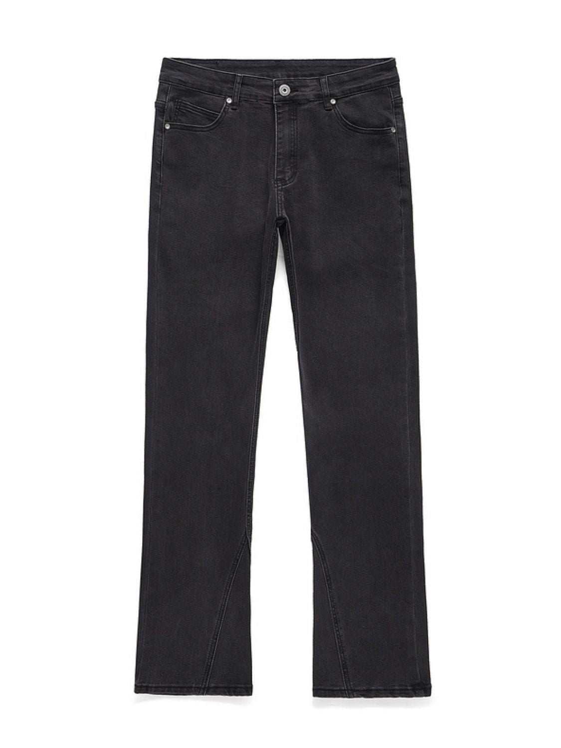 Men's washed bootcut jeans, cotton and polyester, no stretch.