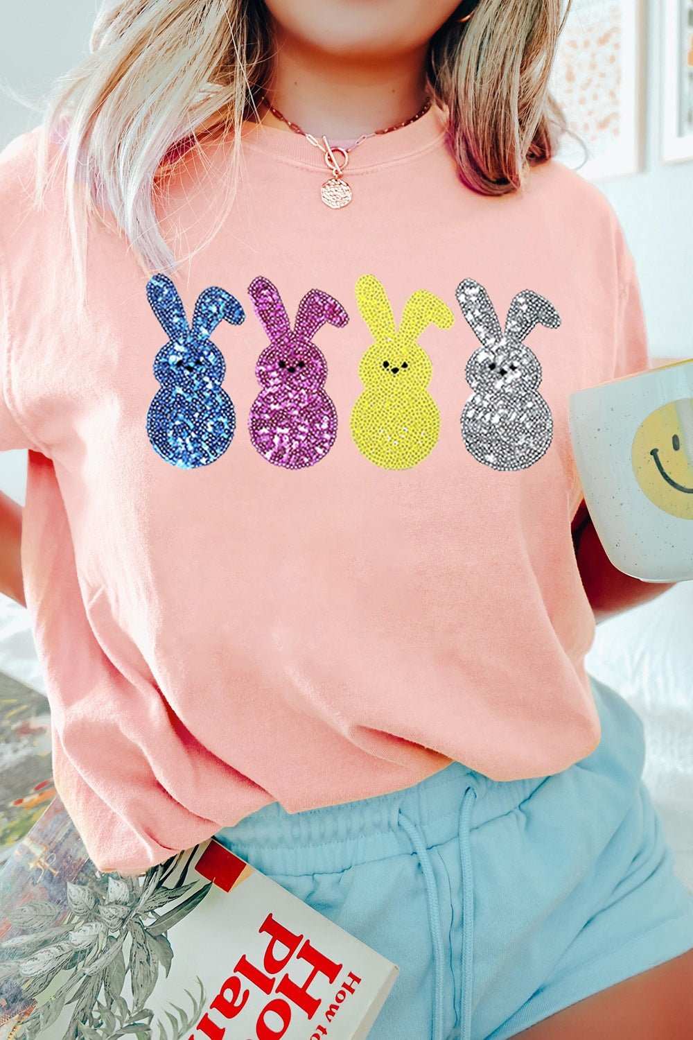 Sequin Bunny Round Neck Short Sleeve T-Shirt with colorful bunny design.