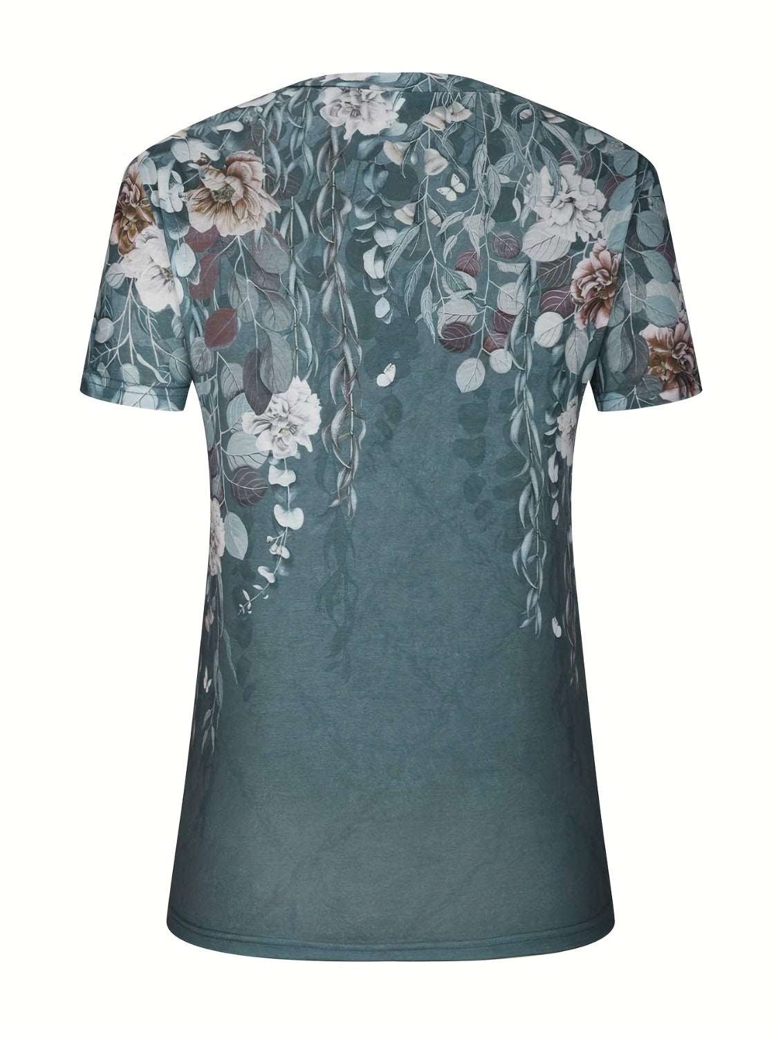 Full size printed notched short sleeve blouse with floral design.