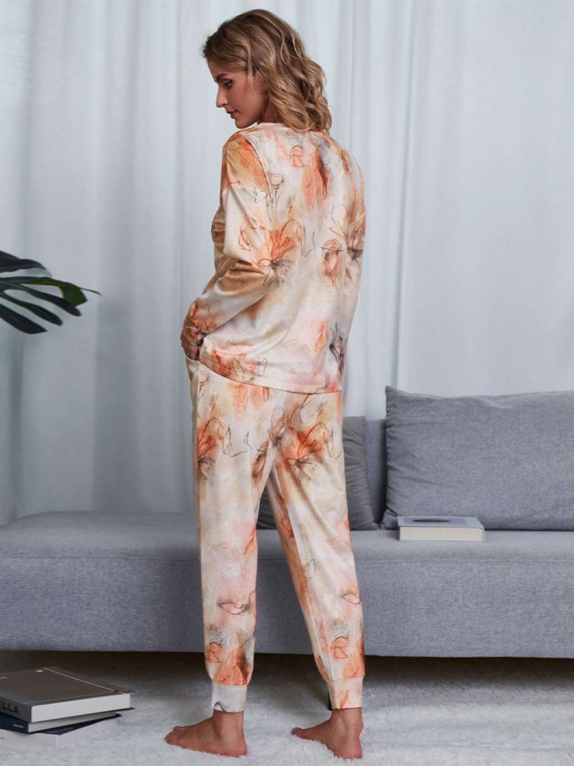 Shiny Tie-Dye Round Neck Top and Pants Lounge Set in beige and orange.