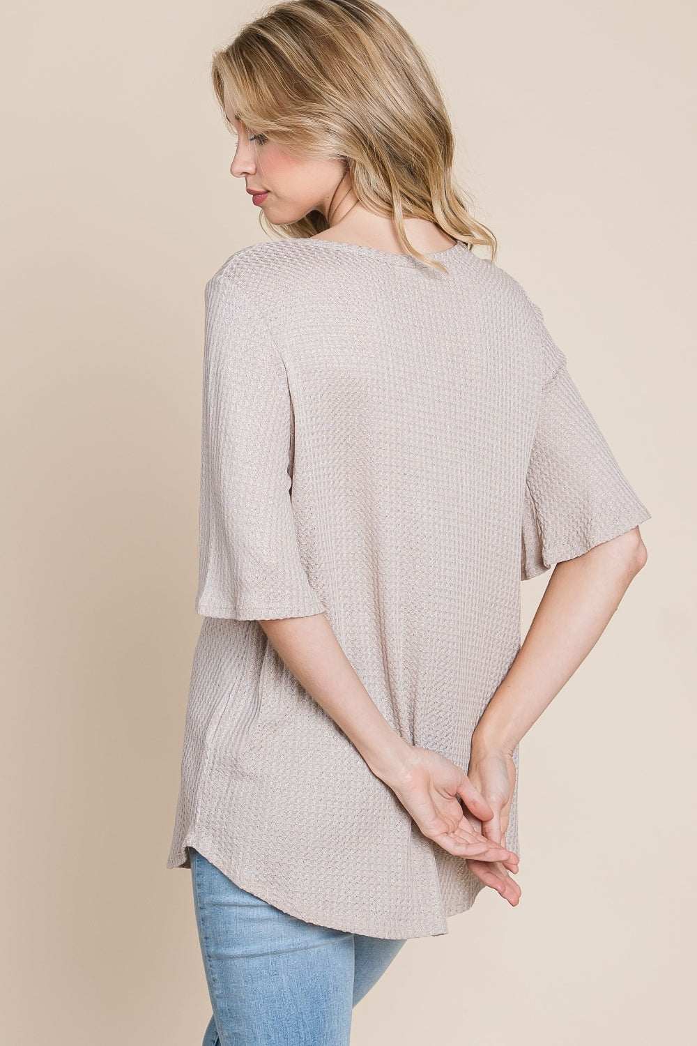 BOMBOM Round Neck Waffle Knit T-Shirt in soft, cozy waffle knit fabric.