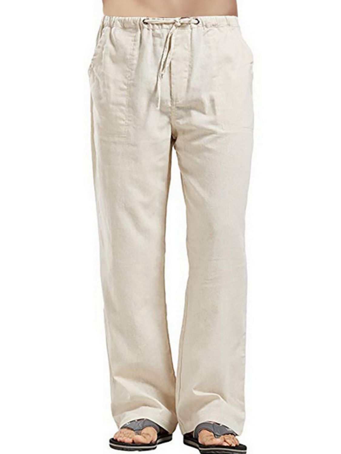 Men's full size drawstring straight leg pants in beige.