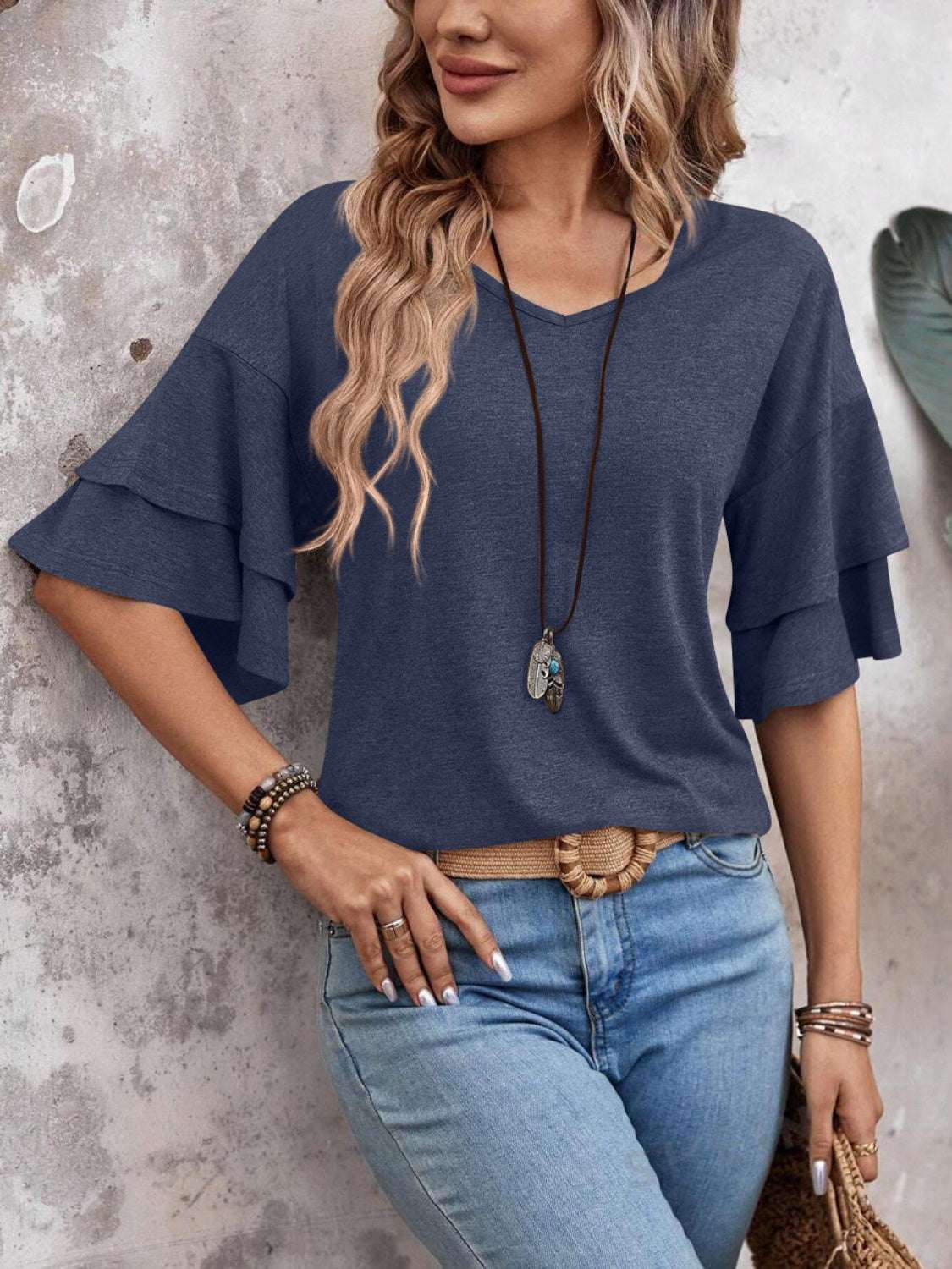 V-Neck Half Sleeve Blouse in dark blue, slightly stretchy, polyester-rayon blend.