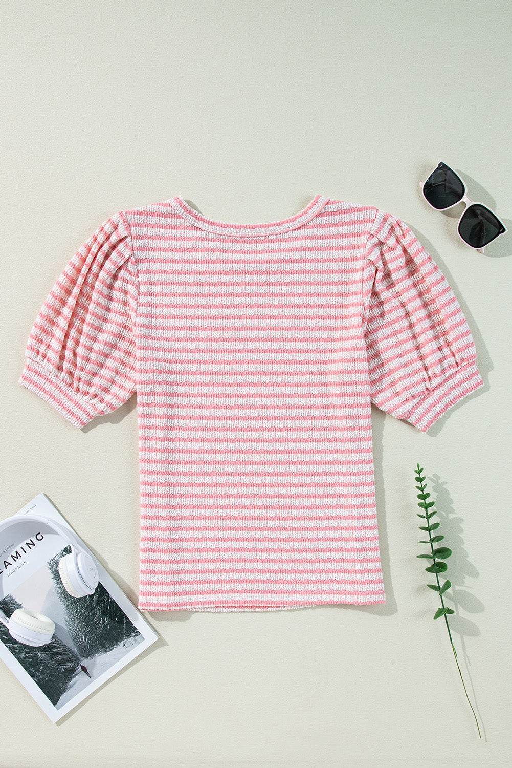 Stripe Textured Puff Sleeve Crewneck Top with pink and white stripes.