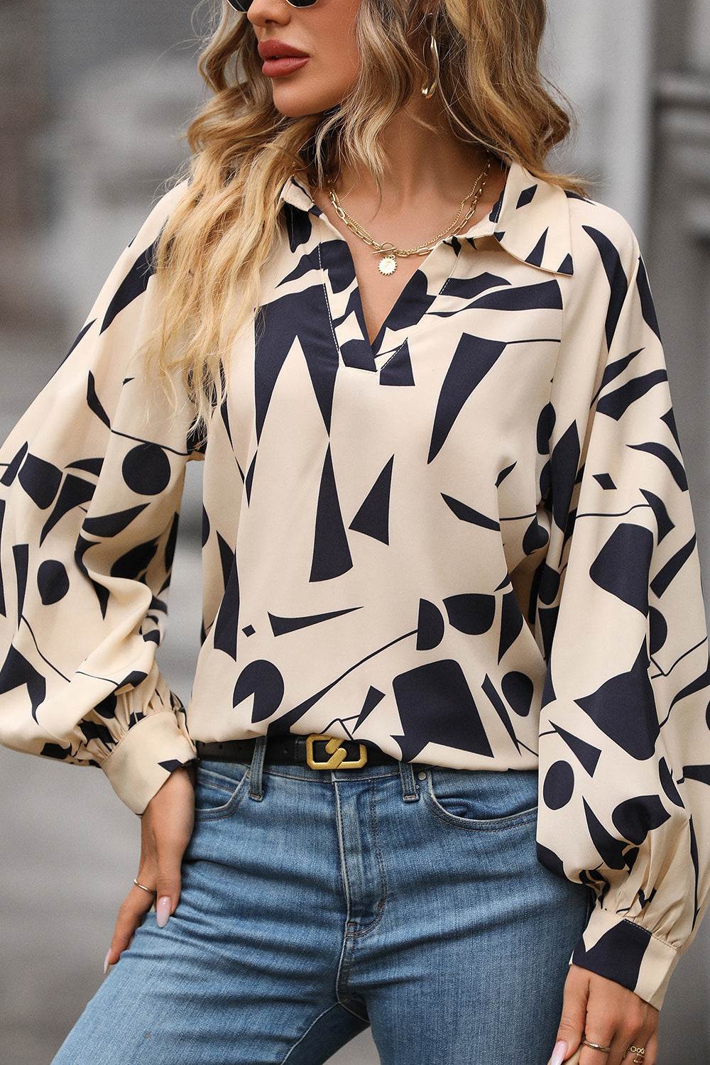 Perfee Printed Johnny Collar Blouse, long sleeves, abstract pattern, 100% polyester.