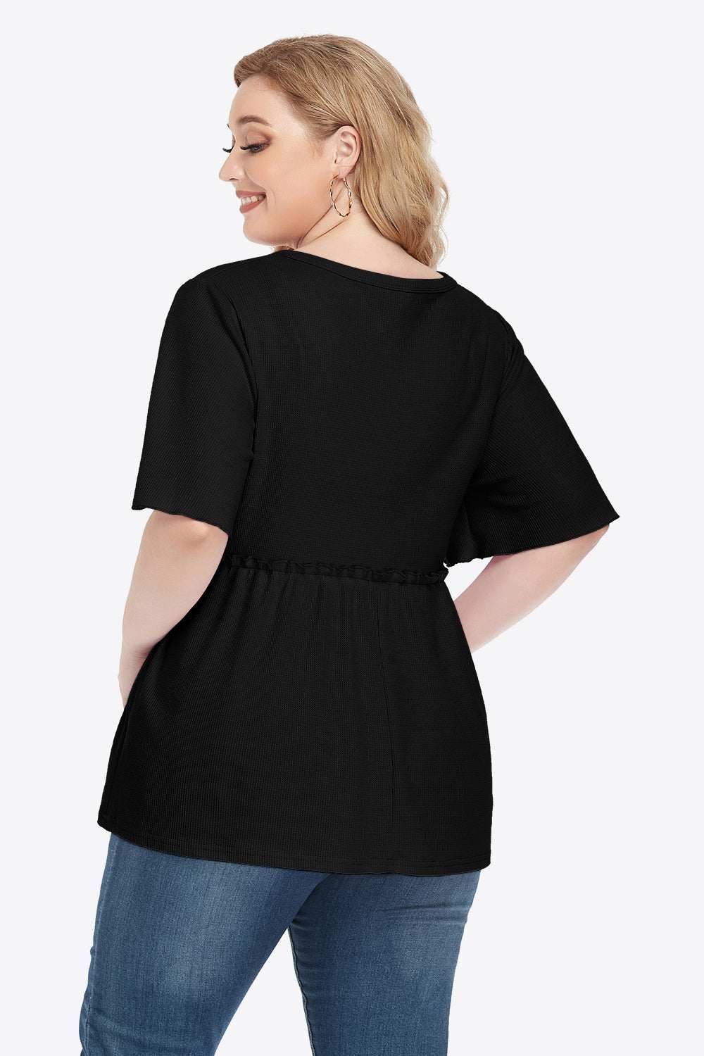Plus size black buttoned V-neck frill trim babydoll blouse with flutter sleeves.