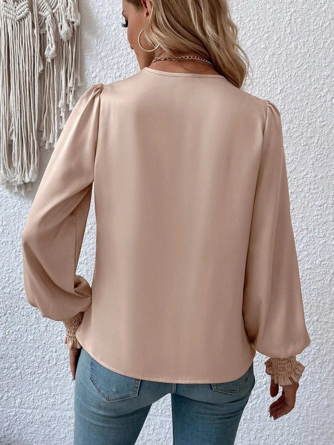 Surplice smocked lantern sleeve blouse, beige, back view, 100% polyester, non-stretch, machine washable.