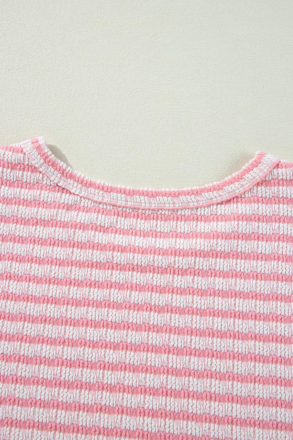 Stripe textured puff sleeve crewneck top with pink and white pattern.
