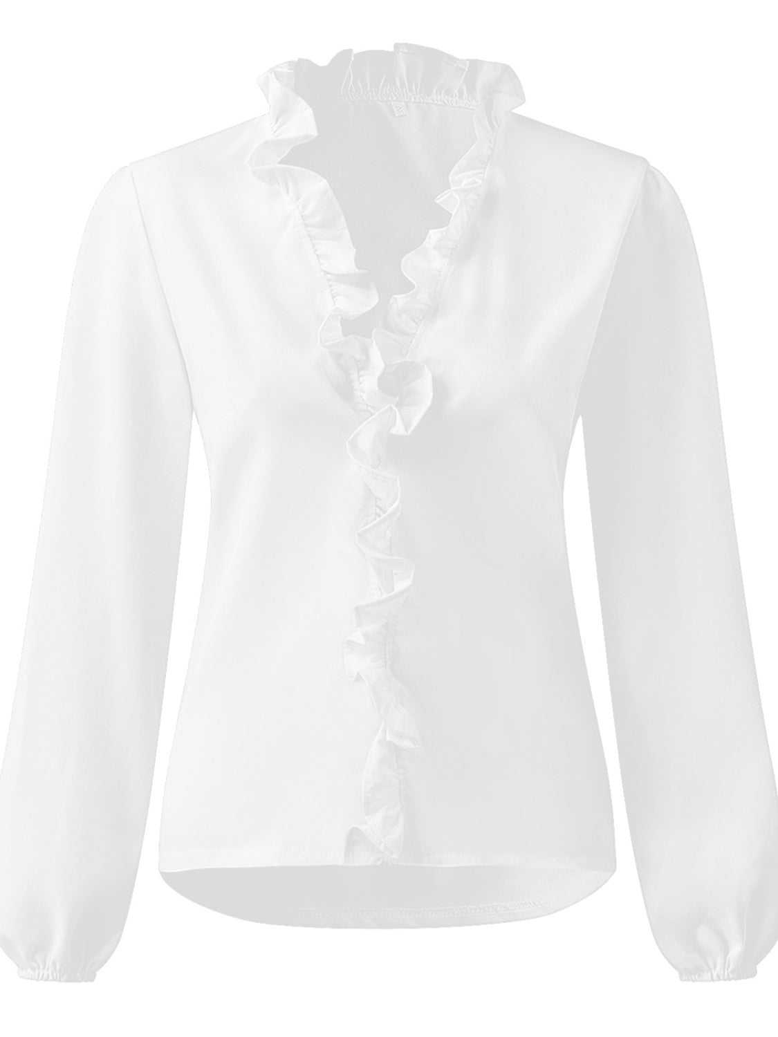 Full size white ruffled V-neck long sleeve blouse.