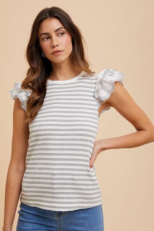 Annie Wear Ruffled Striped Round Neck Cap Sleeve Knit Top with feminine ruffled detail.