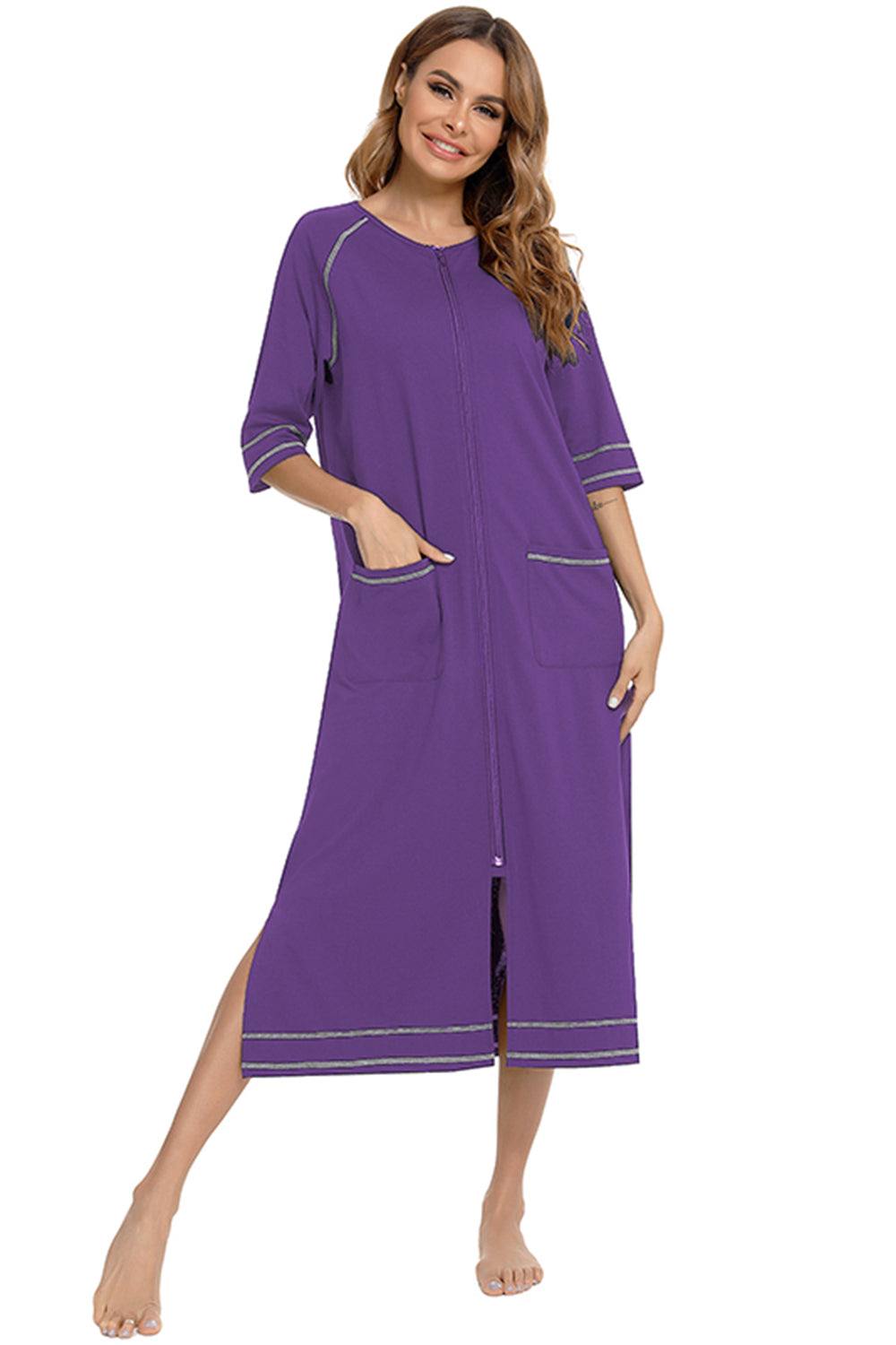 Zip up slit round neck night dress with pockets, purple color, slightly stretchy fabric.