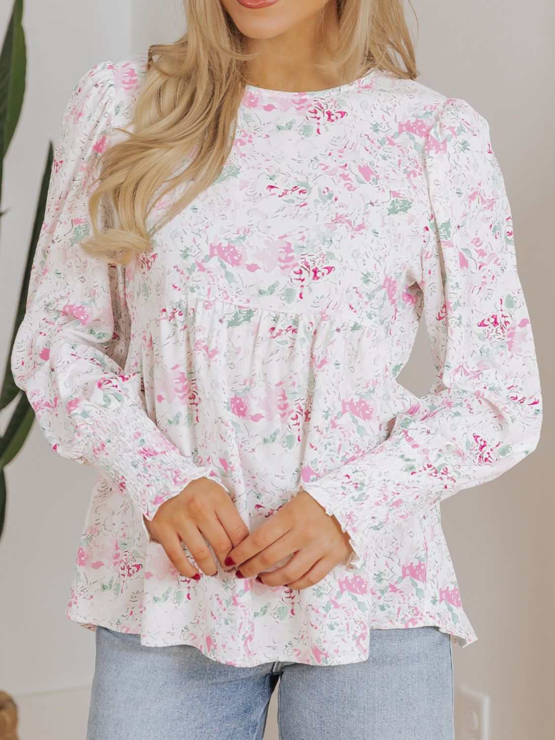 Printed round neck long sleeve blouse with floral print and puff shoulders